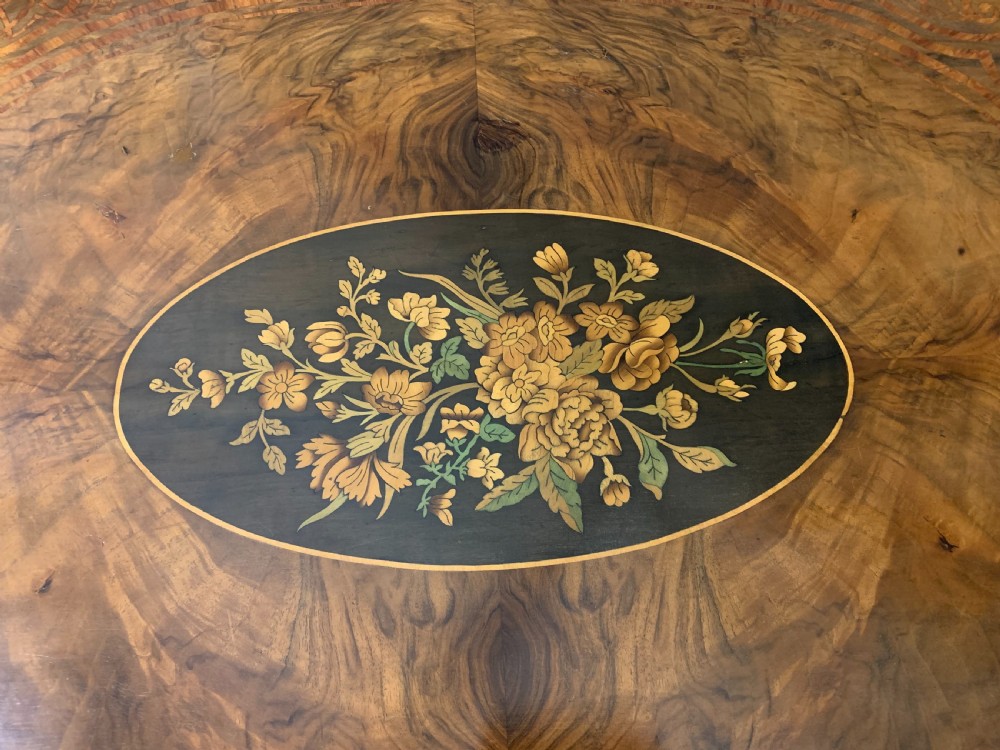 Victorian Marquetry Inlaid Burr Walnut Loo Table View VII