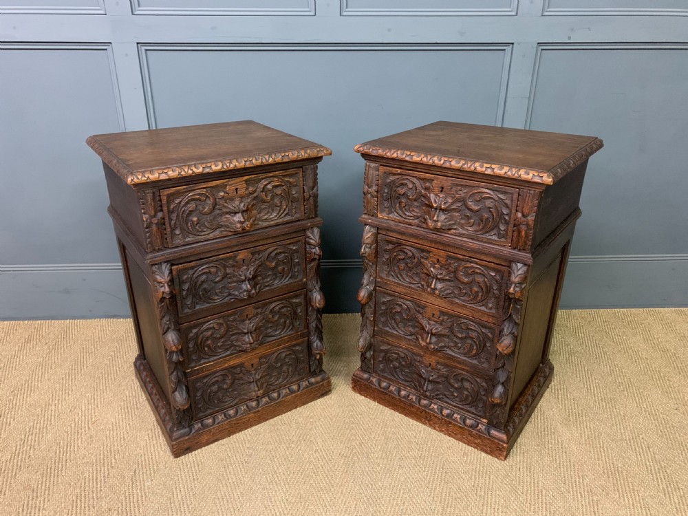 Pair of Victorian Carved Oak Bedside Chests