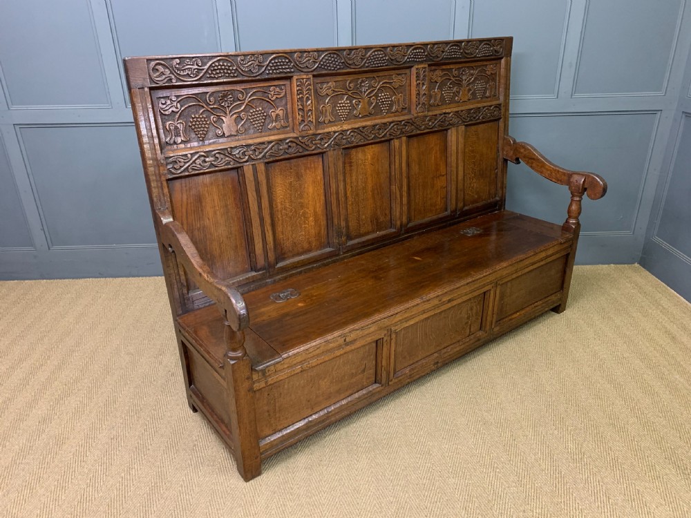 Large 18th Century Carved Oak Settle View XI