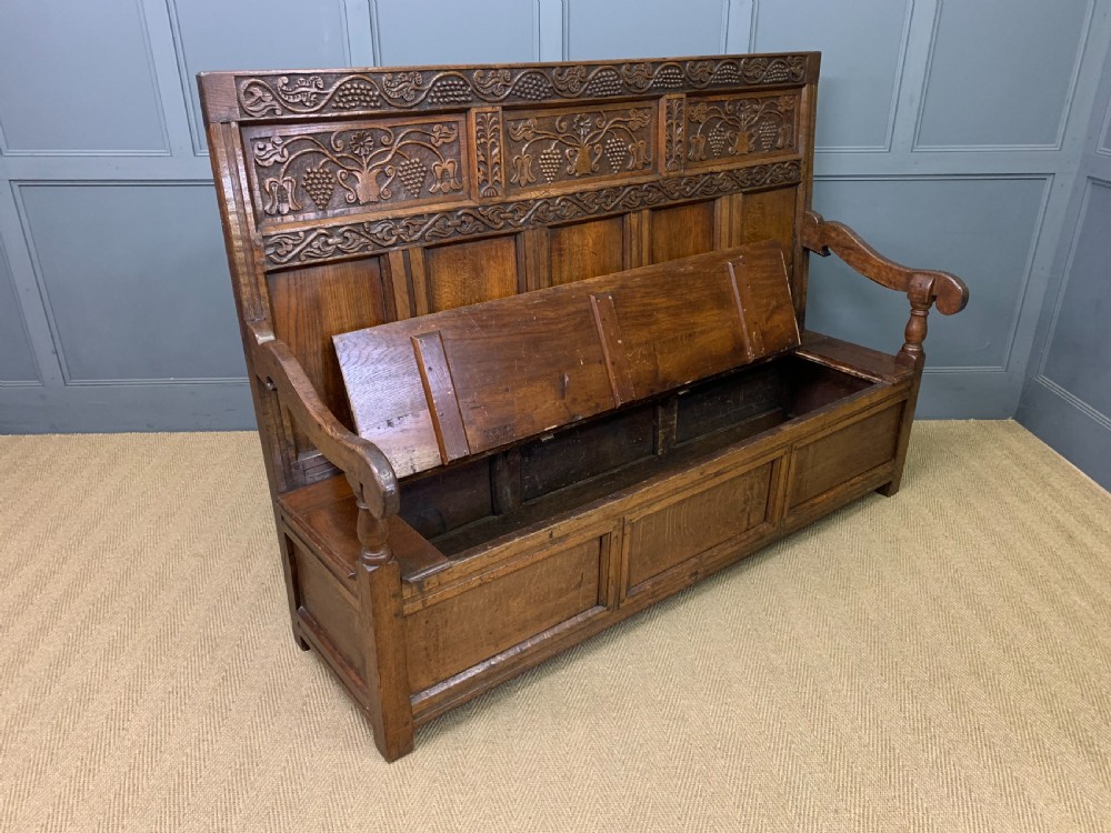 Large 18th Century Carved Oak Settle View XIII