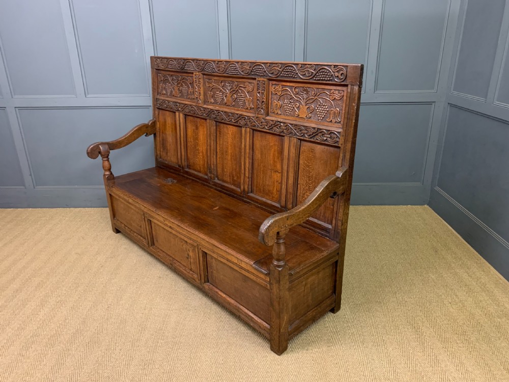 Large 18th Century Carved Oak Settle View XIV