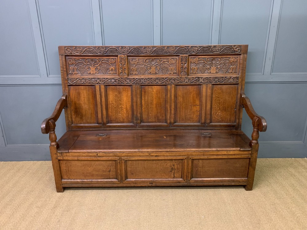 Large 18th Century Carved Oak Settle View XVII