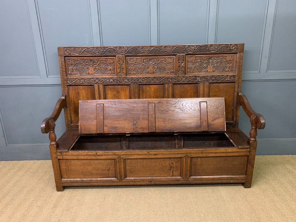 Large 18th Century Carved Oak Settle View XVIII