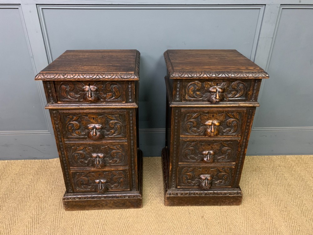 Pair of Victorian Carved Oak Bedside Chests