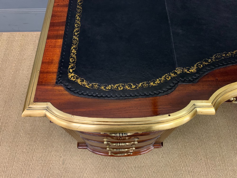 Fine Quality Brass Inlaid Mahogany Pedestal Desk View XII