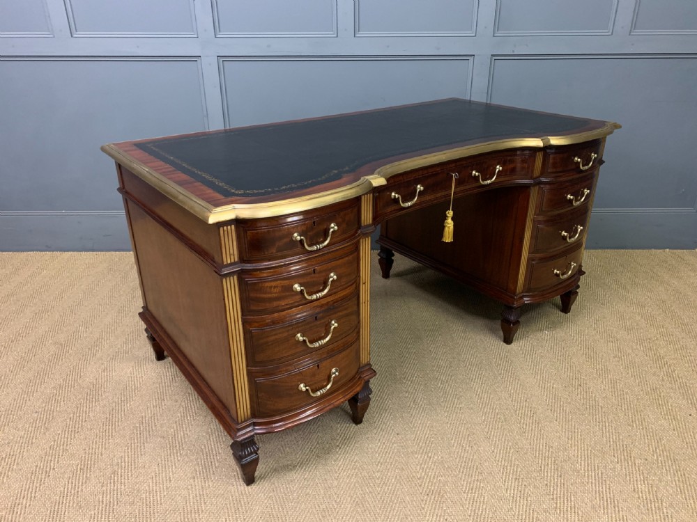 Fine Quality Brass Inlaid Mahogany Pedestal Desk View XIII