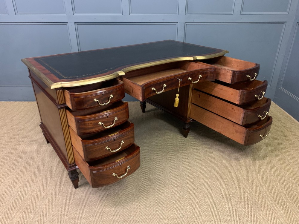 Fine Quality Brass Inlaid Mahogany Pedestal Desk View XVI