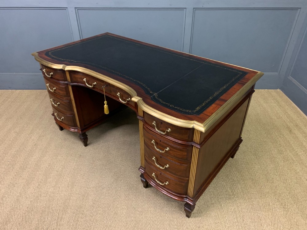 Fine Quality Brass Inlaid Mahogany Pedestal Desk View XVII