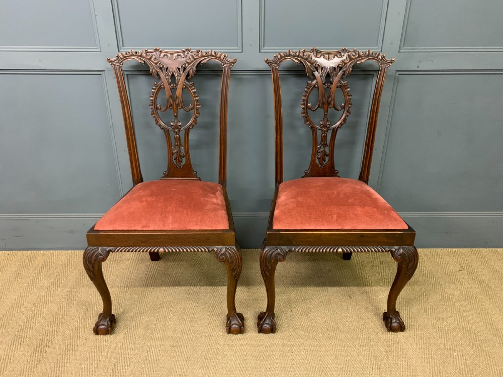 A pair of Chippendale style mahogany side chairs featuring intricate pierced back splats, cabriole legs with ball and claw feet, and terracotta velvet upholstered seats.