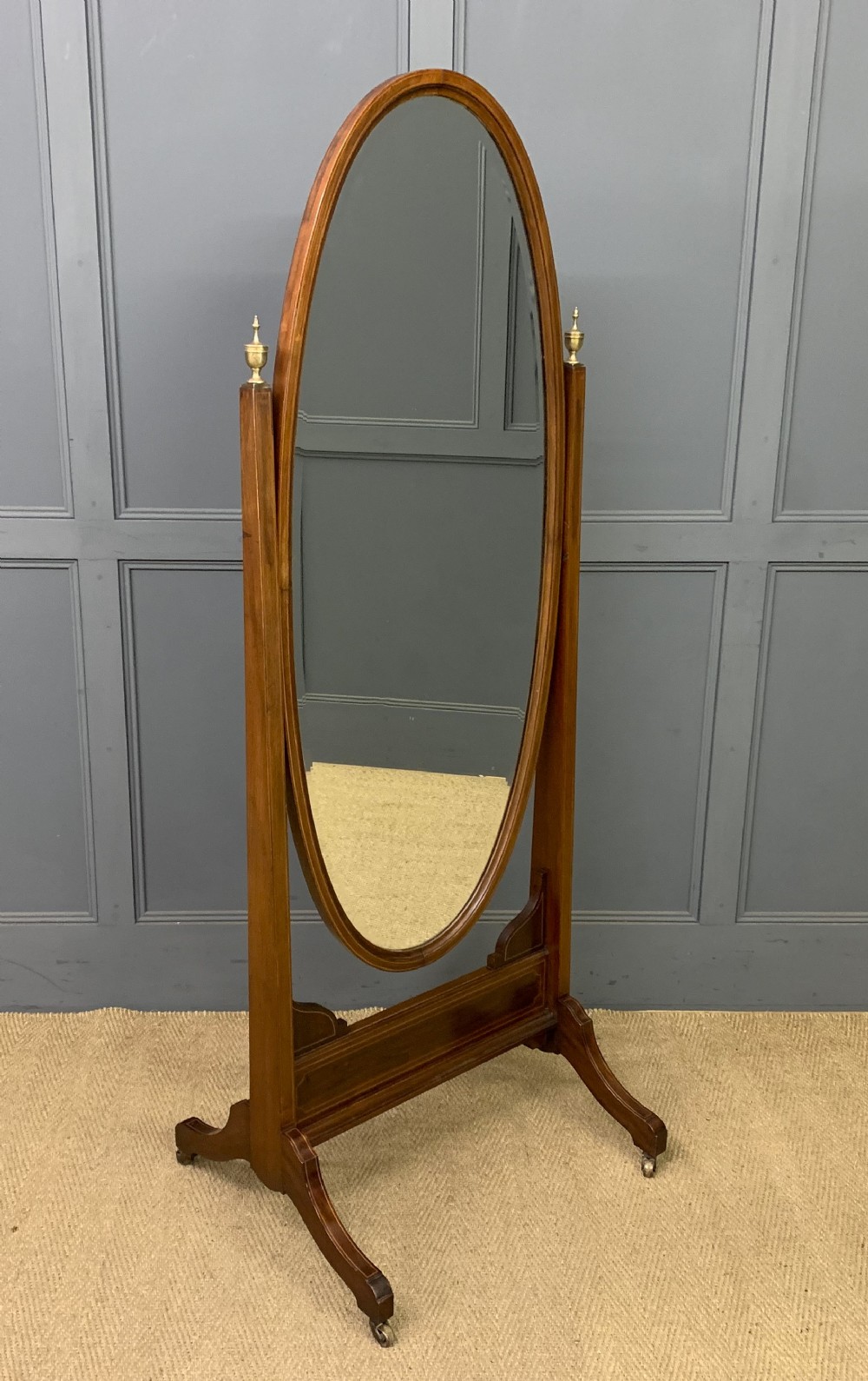 Edwardian Oval Inlaid Mahogany Cheval Mirror