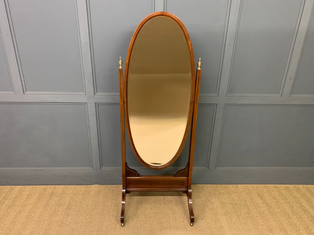 Edwardian Oval Inlaid Mahogany Cheval Mirror View II