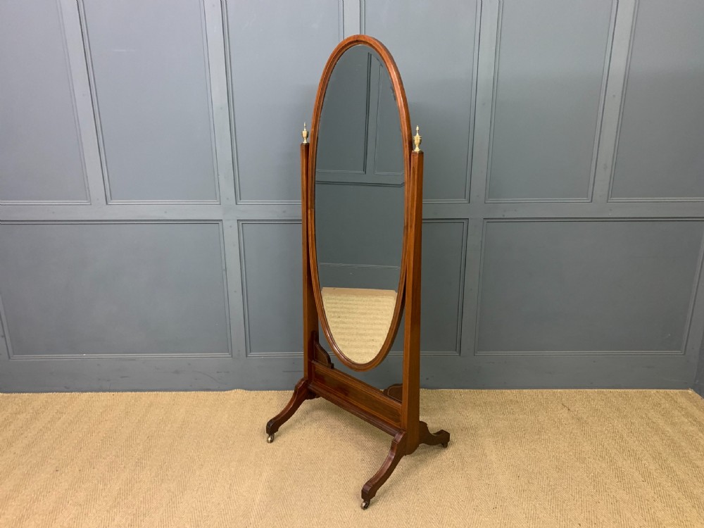 Edwardian Oval Inlaid Mahogany Cheval Mirror View VIII