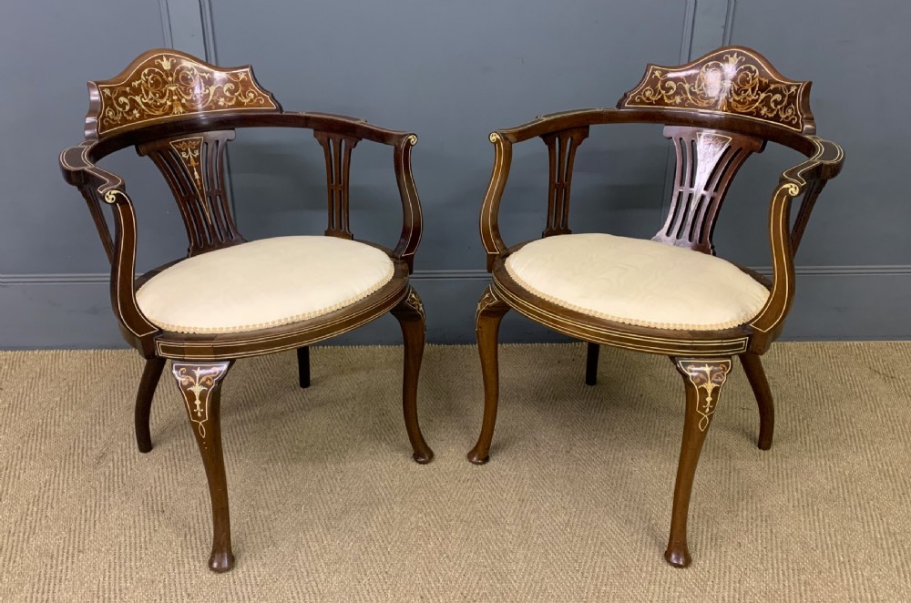 Fine Pair of Inlaid Mahogany Armchairs