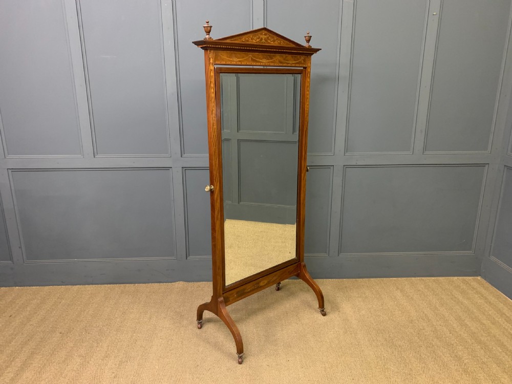 Inlaid Mahogany Sheraton Revival Cheval Mirror View VI