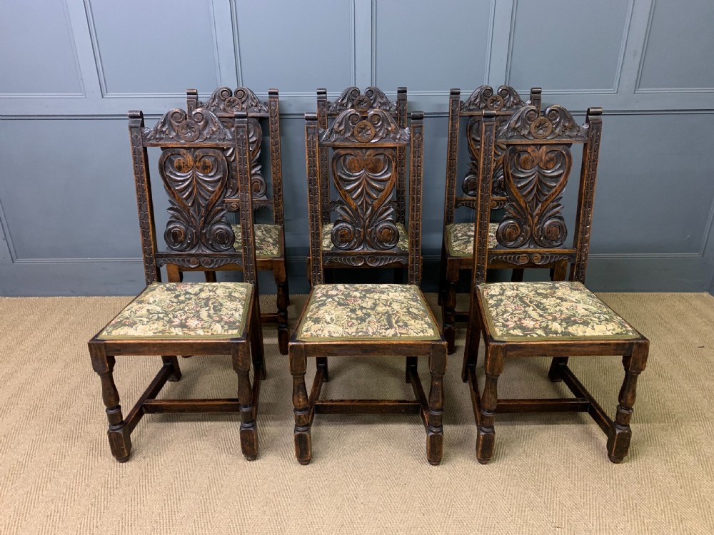 Set of 6 Carved Oak Chairs