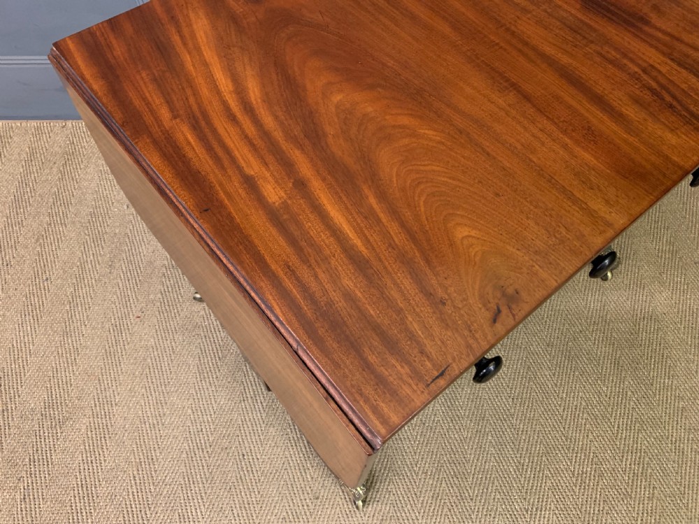 A George IV mahogany sofa table featuring two drawers with dark wooden knobs, drop-leaf side flaps, a turned central stretcher, and splayed legs on brass castors. View XI