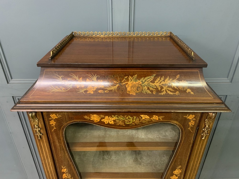 A freestanding mahogany vitrine featuring floral marquetry, a single glazed door, a brass top gallery, and cabriole legs with metal mounts. View VI