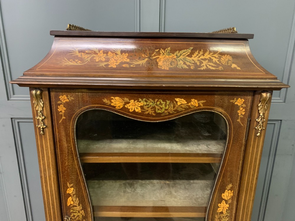 A freestanding mahogany vitrine featuring floral marquetry, a single glazed door, a brass top gallery, and cabriole legs with metal mounts. View VII