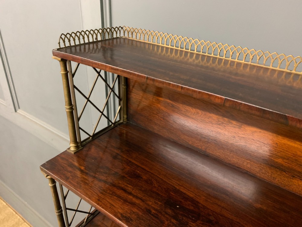 An antique Regency rosewood chiffonier featuring a brass lattice gallery shelf, two upper drawers, and lower doors with wire mesh and pleated fabric panels. View VII