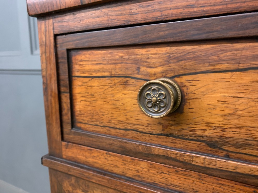 An antique Regency rosewood chiffonier featuring a brass lattice gallery shelf, two upper drawers, and lower doors with wire mesh and pleated fabric panels. View IX