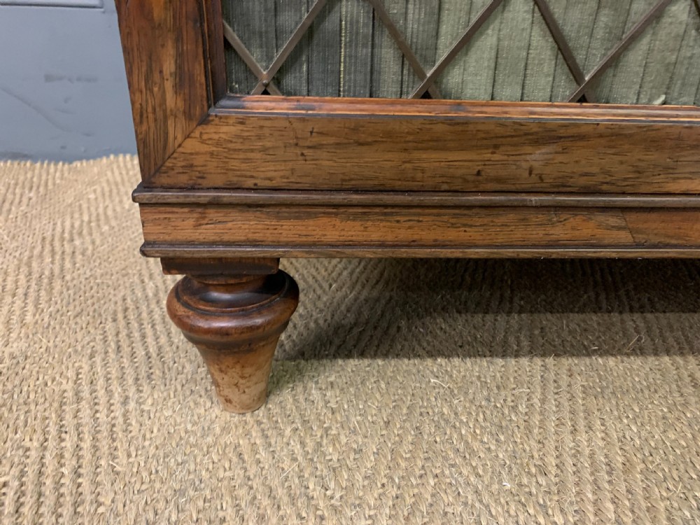 An antique Regency rosewood chiffonier featuring a brass lattice gallery shelf, two upper drawers, and lower doors with wire mesh and pleated fabric panels. View X