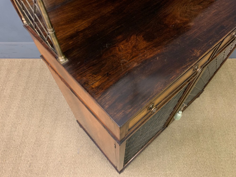 An antique Regency rosewood chiffonier featuring a brass lattice gallery shelf, two upper drawers, and lower doors with wire mesh and pleated fabric panels. View XVIII