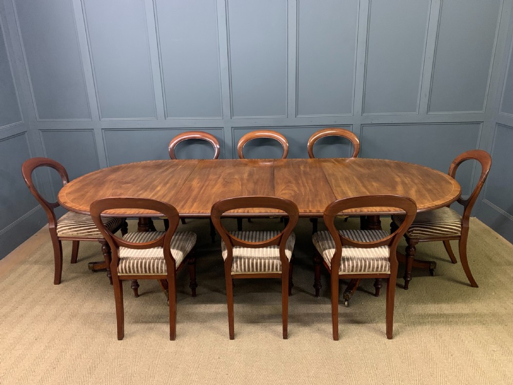 Large Twin Pillar 2 Leaf Inlaid Mahogany Dining Table View XIV
