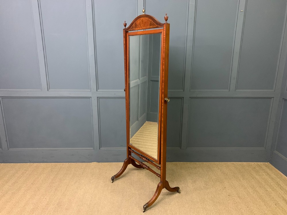 Inlaid Mahogany Sheraton Revival Cheval Mirror