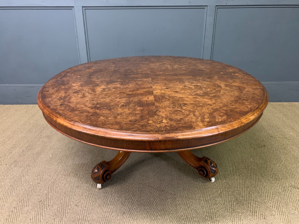 Large Sized Victorian Inlaid Burr Walnut Coffee Table View XI