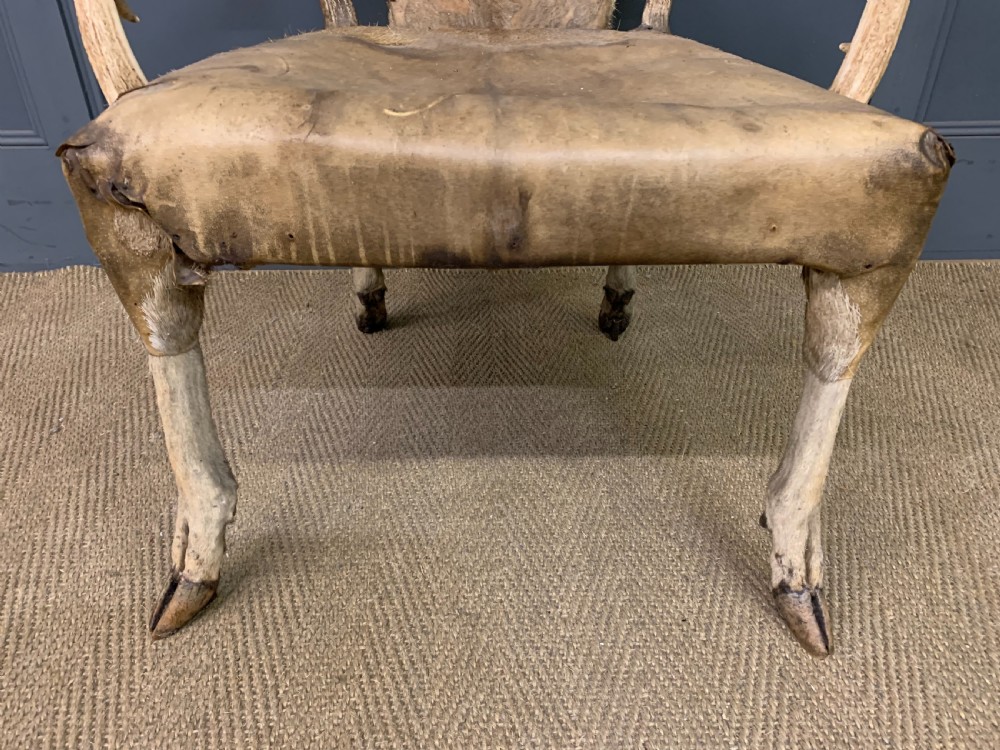 A nineteenth-century armchair constructed from natural stag antlers with a natural hide upholstered seat and backrest, featuring hoof legs. View IV