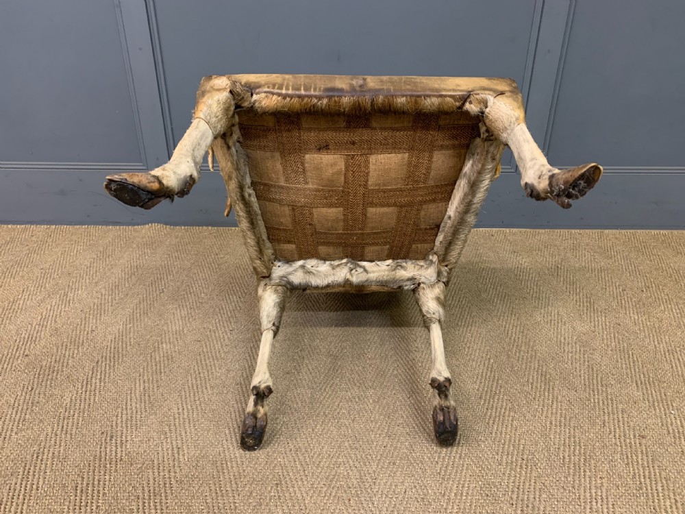 A nineteenth-century armchair constructed from natural stag antlers with a natural hide upholstered seat and backrest, featuring hoof legs. View XI