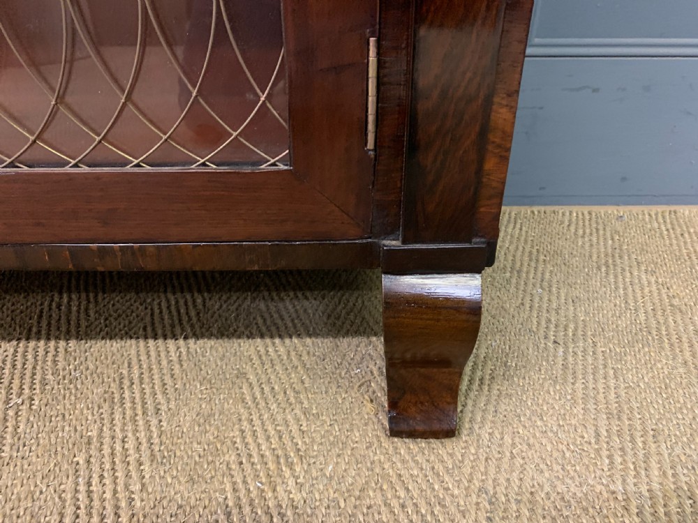 An antique Regency rosewood chiffonier featuring ornate brass inlay, a top mirror back with a brass gallery rail, and twin doors with brass wire mesh. View XII