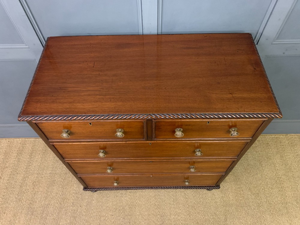 A George IV mahogany chest of drawers featuring two short over three long drawers with turned knobs, brass escutcheons, and rope-twist edge moulding. View VI