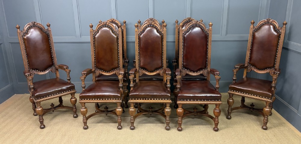 Set of 8 Carved Oak High Back Chairs View II