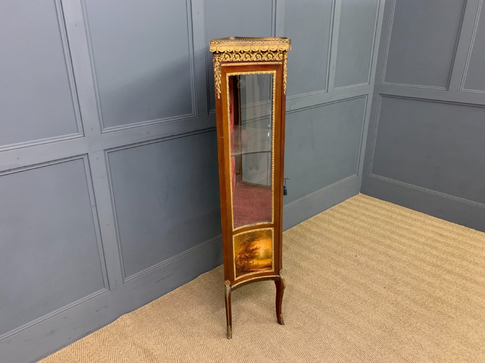 A French Louis XV style mahogany vitrine featuring a curved glazed door, gilt-bronze mounts, hand-painted lower panel depicting romantic figures, and a red velvet interior. View XII