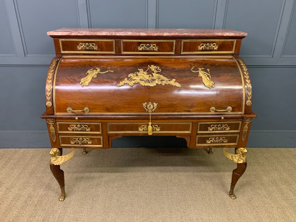 Large 19th Century French Empire Flame Mahogany Cylinder Desk