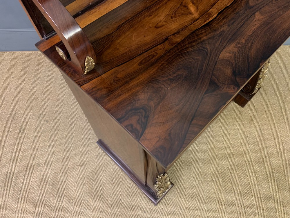 A Regency rosewood chiffonier cabinet featuring a top shelf with a brass gallery on S-scroll supports over a two-door cupboard with pleated yellow fabric panels. View XIII