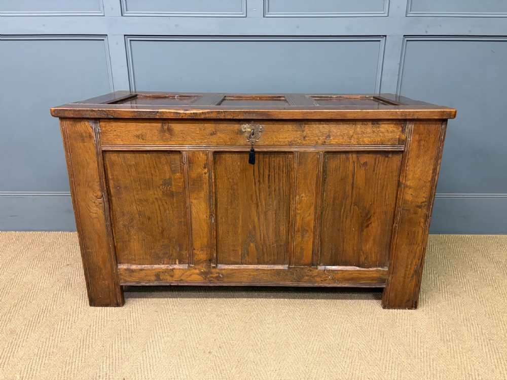 A Georgian oak coffer featuring a three-panel front framing, a hinged top, and a brass keyhole escutcheon. View II