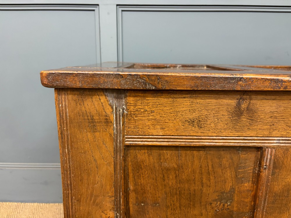 A Georgian oak coffer featuring a three-panel front framing, a hinged top, and a brass keyhole escutcheon. View VI