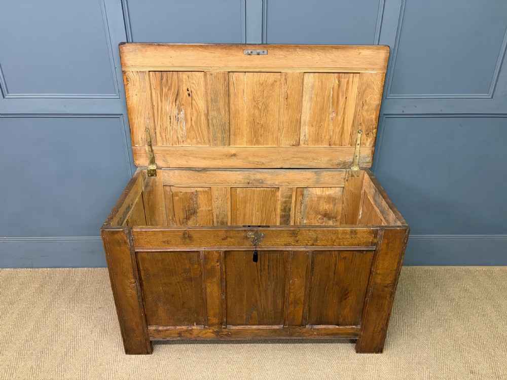 A Georgian oak coffer featuring a three-panel front framing, a hinged top, and a brass keyhole escutcheon. View VII