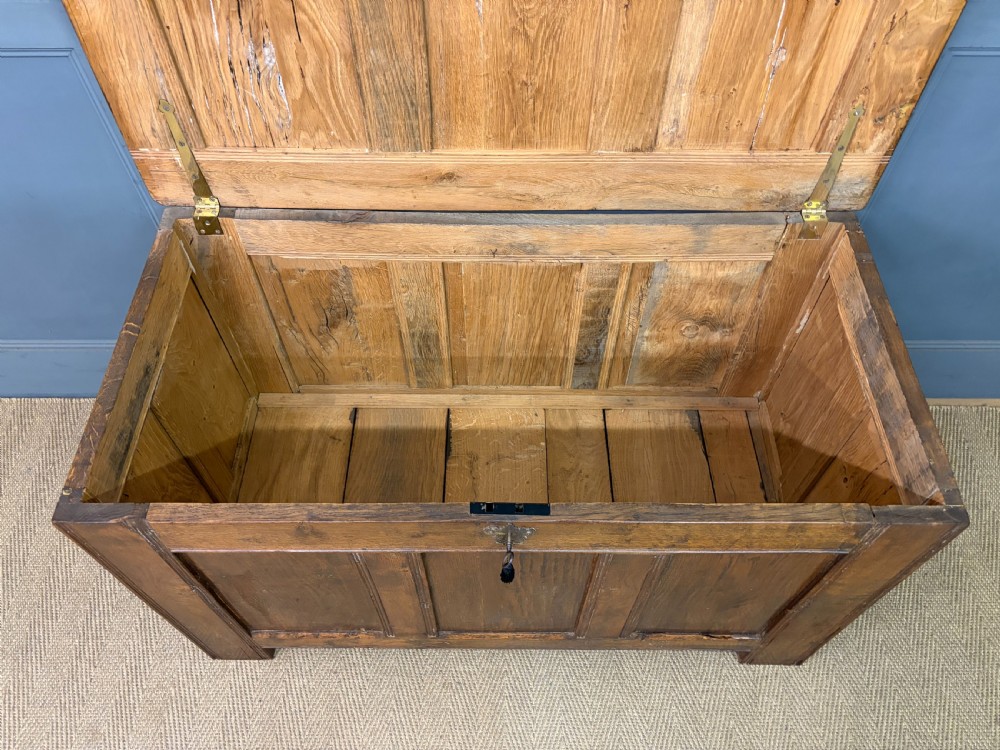 A Georgian oak coffer featuring a three-panel front framing, a hinged top, and a brass keyhole escutcheon. View VIII