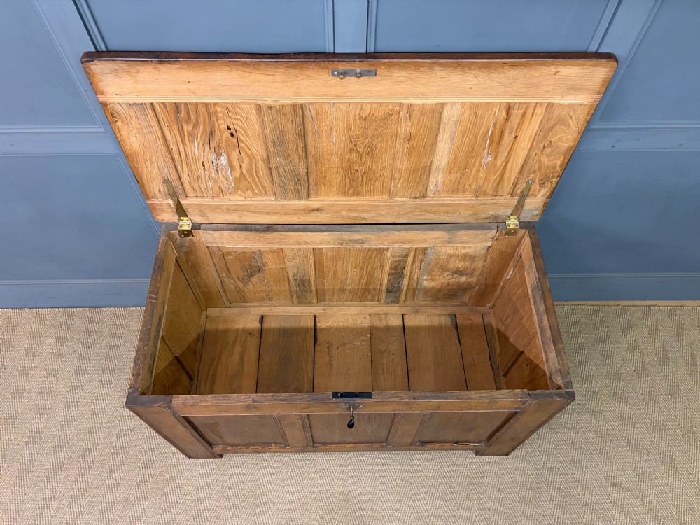 A Georgian oak coffer featuring a three-panel front framing, a hinged top, and a brass keyhole escutcheon. View IX