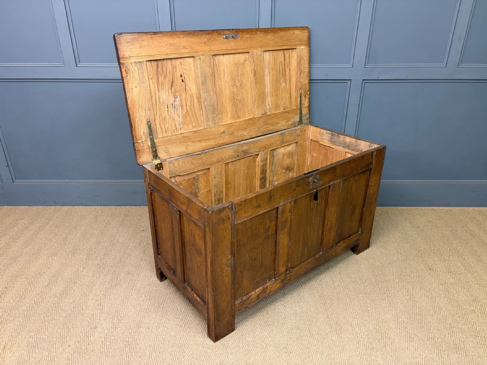 A Georgian oak coffer featuring a three-panel front framing, a hinged top, and a brass keyhole escutcheon. View XII