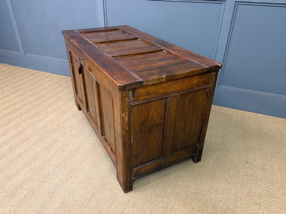 A Georgian oak coffer featuring a three-panel front framing, a hinged top, and a brass keyhole escutcheon. View XIV