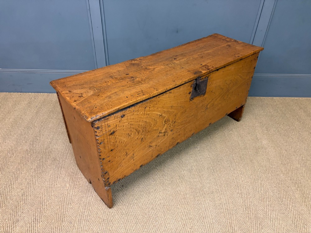An 18th-century elm coffer featuring a rectangular hinged lid, prominent wood grain, central iron lockplate, and slab ends. View VII