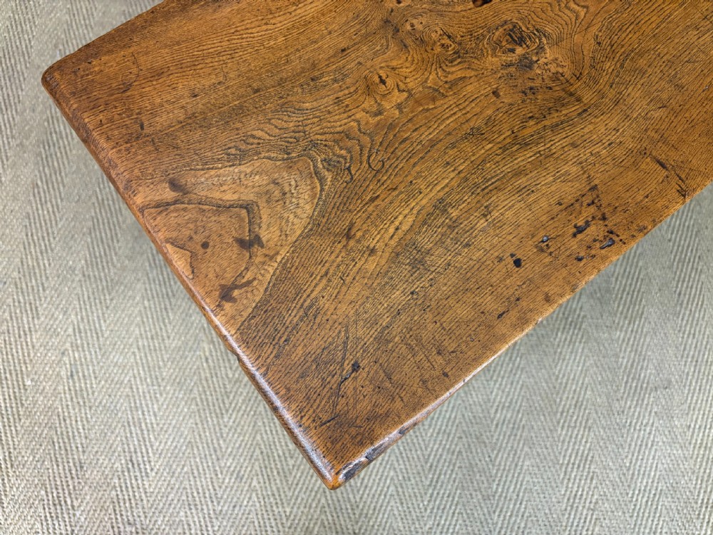 An 18th-century elm coffer featuring a rectangular hinged lid, prominent wood grain, central iron lockplate, and slab ends. View IX