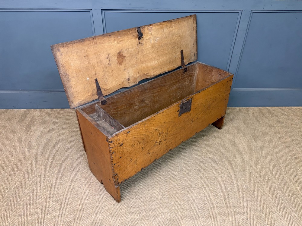 An 18th-century elm coffer featuring a rectangular hinged lid, prominent wood grain, central iron lockplate, and slab ends. View X