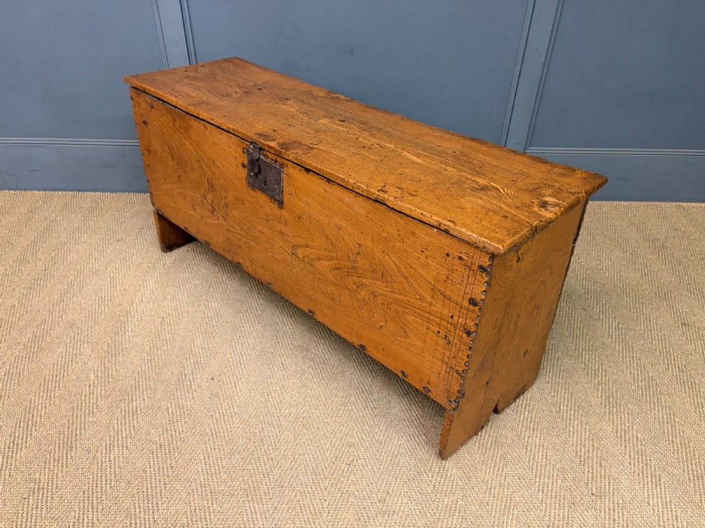 An 18th-century elm coffer featuring a rectangular hinged lid, prominent wood grain, central iron lockplate, and slab ends. View XI