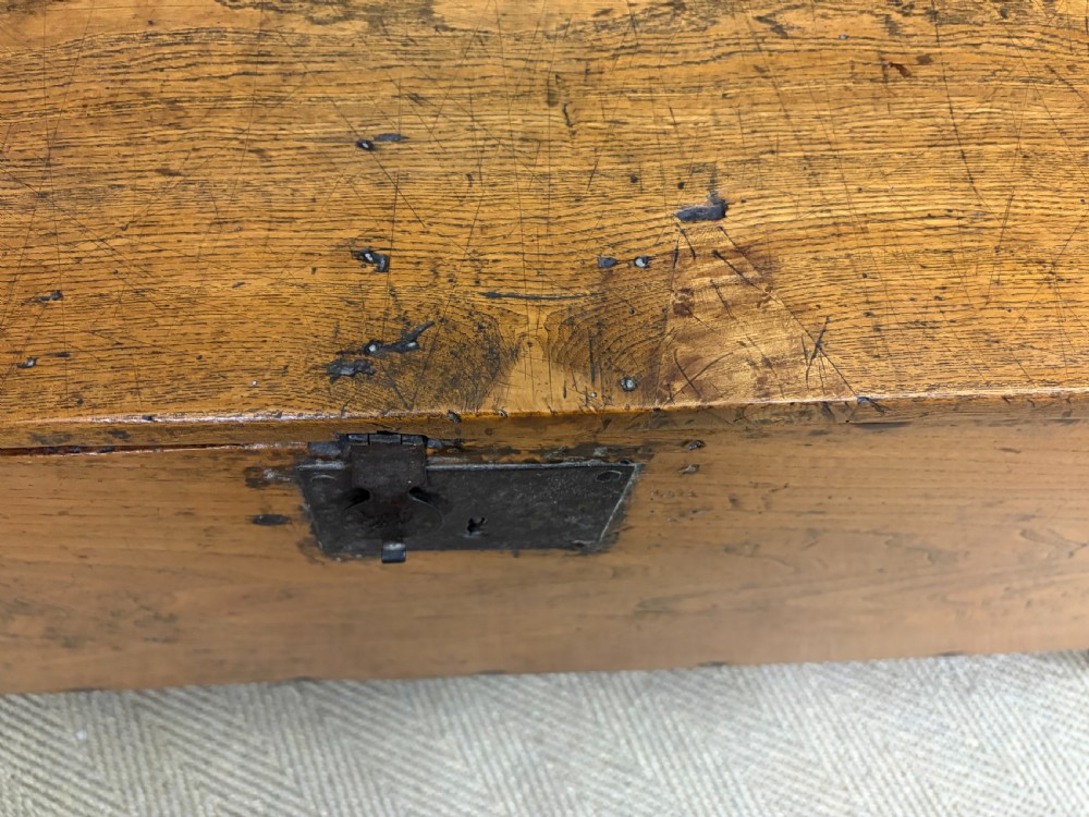 An 18th-century elm coffer featuring a rectangular hinged lid, prominent wood grain, central iron lockplate, and slab ends. View XIII