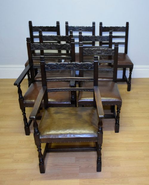 ANTIQUE 8 CARVED OAK DINING CHAIRS - ADDITIONAL PHOTO 1